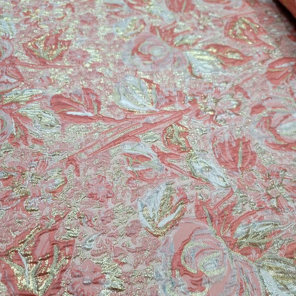 Brocade Fabric Sold By The Yard Coral Metallic Gold Floral Flowers Beige Background for Dress Upholstery Dress Crafts Embossed Brocade
