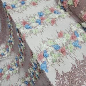 Dusty Rose Beaded Lace 3d floral flowers Multicolor Sage Blue On Dusty Rose Mesh Prom Gown Fashion Fabric Sold by the Yard Quinceañera Dress