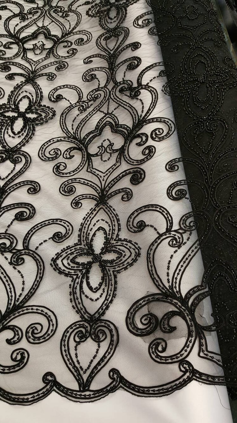 Black hand beaded lace pasley damask pearls on mesh 1 way stretch fabric sold by the yard gown Quincea\u00f1era bridal Evening dress decoration