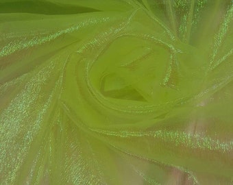 Neón green Sheer crinkle iridescent organza fabric sold by the yard flowy soft dancer clothing Fashion decoration draping clothing ligth