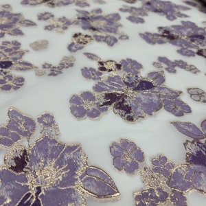 Lavender Purple Floral Brocade On white Organza Fabric by Yard Floral Flowers Decoration Clothing draping Prom Quinceañera