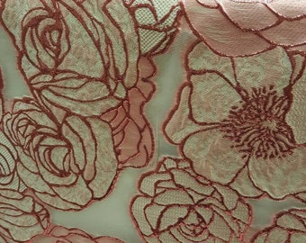 Brocade Pink Floral Flowers on White Organza Luxurious Fabric Sold by the Yard Gown Quinceañera Bridal Evening Dress dusty rose brocade