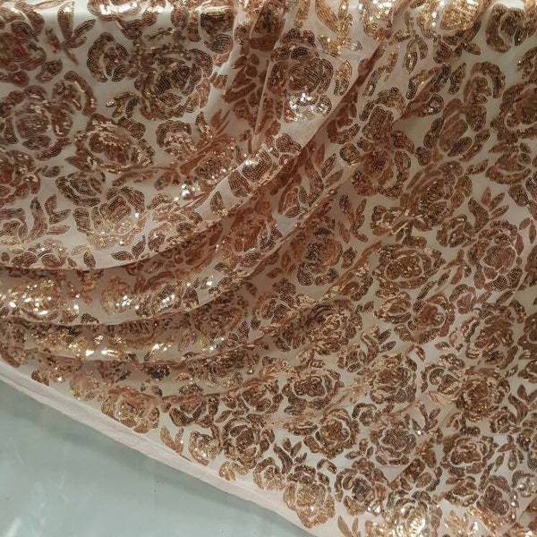 Rose gold lace fabric Roses Sequin on blush mesh 1way stretch Prom fabric sold by the yard gown Quinceañera bridal Evening dress Decoration