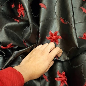Black vinyl red flowers embroidered gorgeous floral vinyl fabric sold by the yard decorations clothing table cloths fabric luxurious