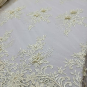 Ivory Beaded Lace 3d Floral Flowers Embroidered Fabric By The Yard Bridal Evening Dress Wedding Gown