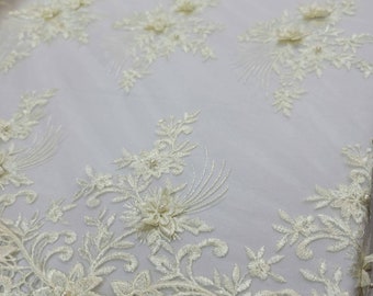 Ivory Beaded Lace 3d Floral Flowers Embroidered Fabric By The Yard Bridal Evening Dress Wedding Gown