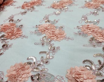 Blush Lace 3d Floral Flowers Embroidered on Mesh Sequins On Mesh Fabric Sold by the Yard Gown Quinceañera Bridal Dress Double Scallops