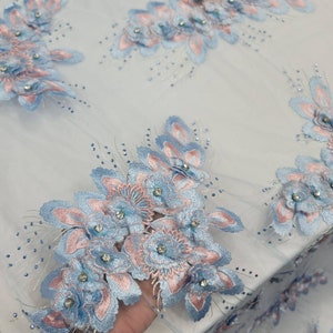 Sky Blue Beads Lace Rhinestones 3d Embroidery Floral Fabric By The Yard Prom Bridal Quinceañera