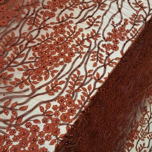 Burgundy Hand beaded Lace embroidered 3d floral flowers rinesthone  mesh Prom fabric sold by the yard gown quinceañera bridal Evening dress