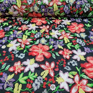 Hand beaded lace floral flowers red purple multicolor embroidered sequin black mesh Prom fabric by the yard gown Quinceañera bridal dress