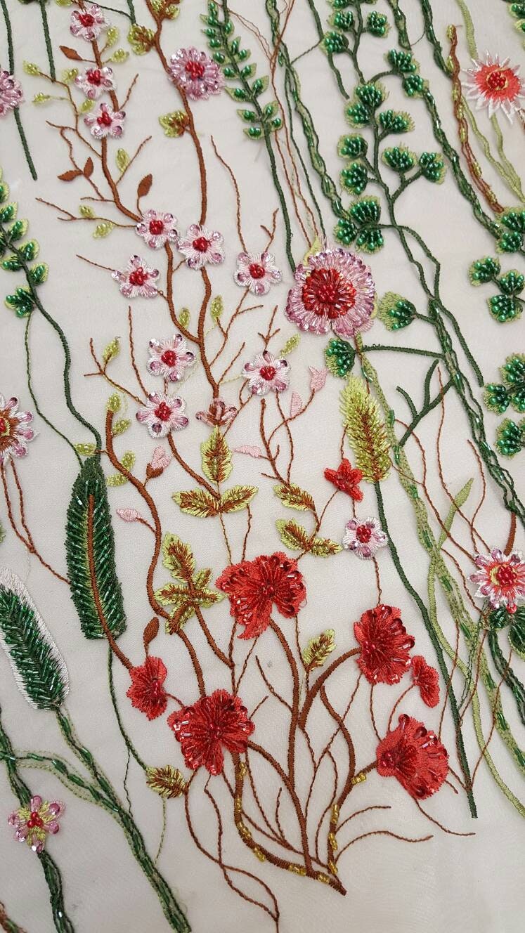 Champagne Hand Beaded Lace Fabric Garden Floral Flowers - Etsy