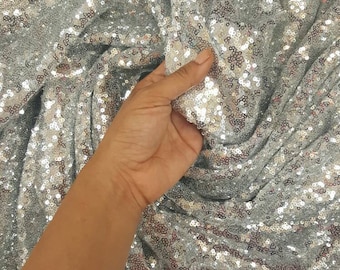 Glitz Silver Sequin on Mesh 60 Inches Wide Fabric Sold by the Yard