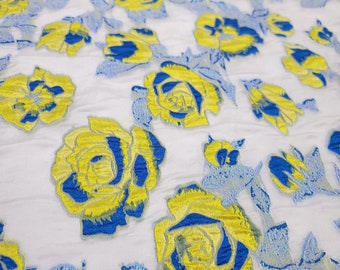 Floral Brocade Organza Fabric, Yellow and Blue Flowers, Sheer White (By the Yard)