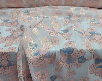White Organza Pink Blue Brocade Floral Flowers  Bridal Fabric Sold by the Yard Gown Wedding Dress Soft Decoration Draping Prom Bridal