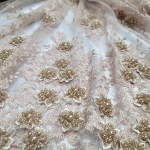 Champagne Beaded Lace 3D Floral Flowers Beige Whit Pearls On Mesh fabric Sold By The Yard Prom Dress Bridal Double Scalloped