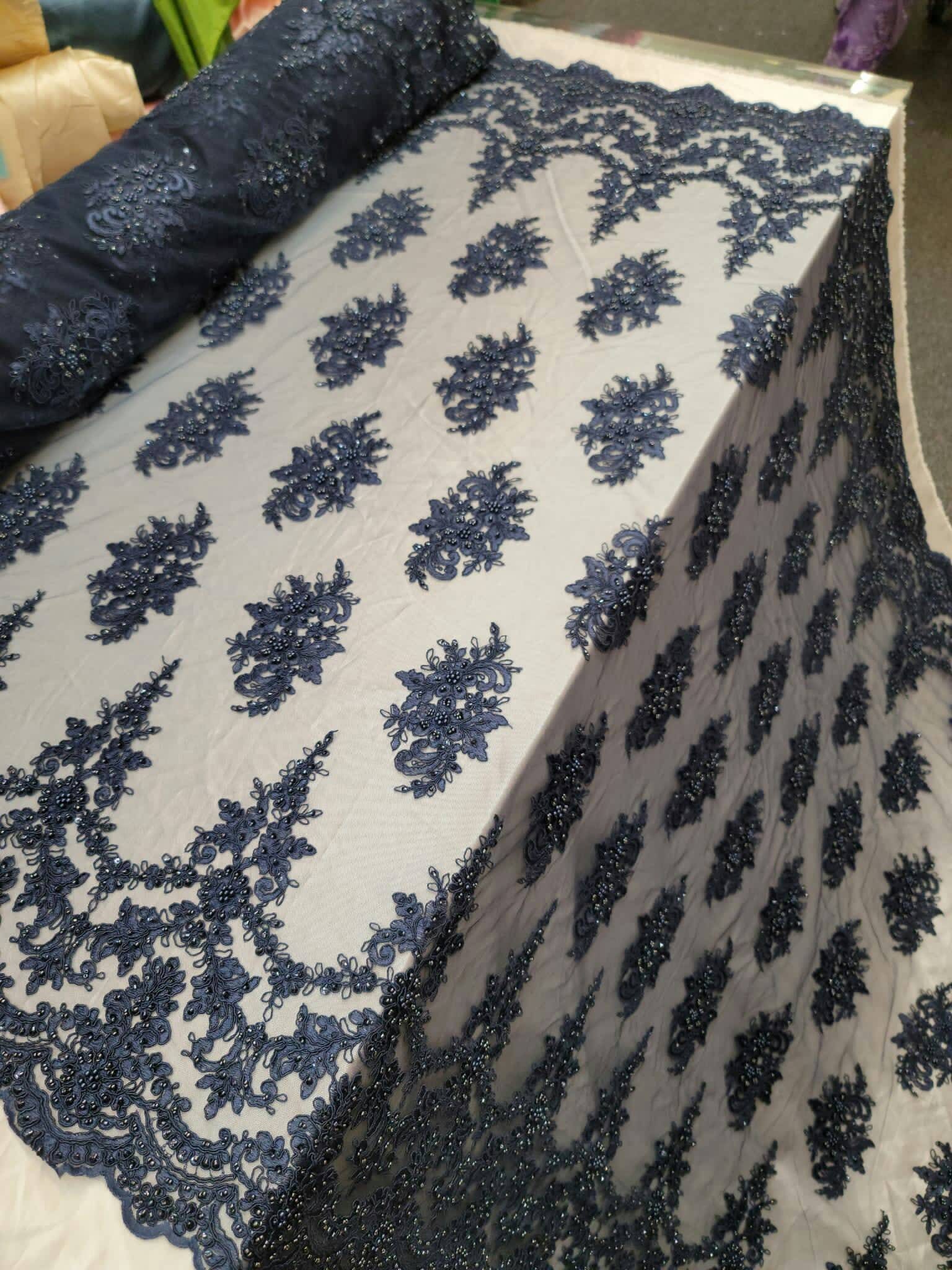 Navy Blue Beaded Lace Embroidery Floral Flowers Fabric by the Yard ...