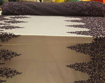 Tela de encaje con cuentas color berenjena, bordado floral con lentejuelas, tela para vestidos de novia