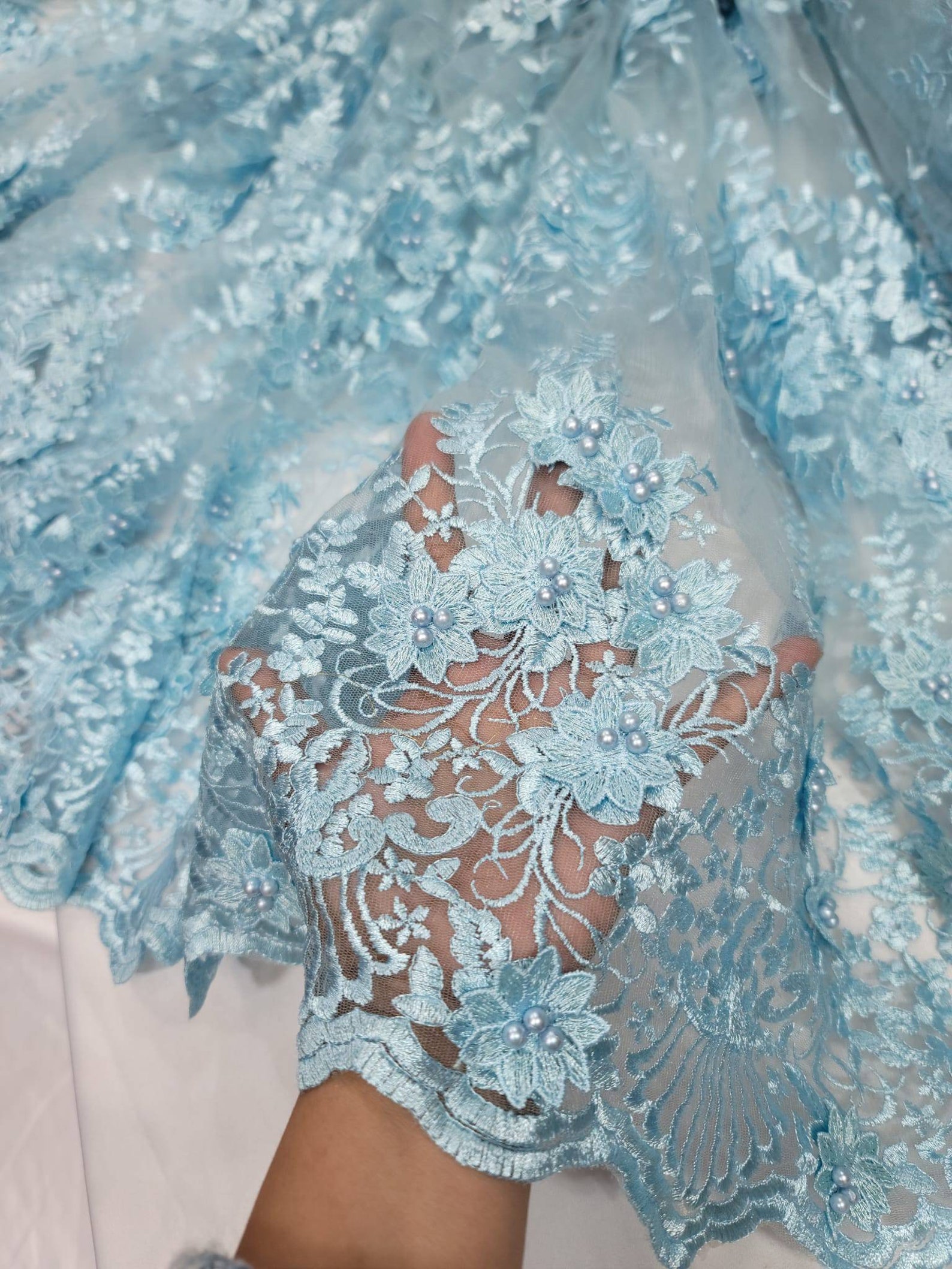 Sky Blue 3D Floral Lace Fabric With Pearls, Bridal Gown Material - Etsy