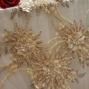 Champagne Gold Lace Hand beaded lace 3d floral flowers embroidered  Prom fabric sold by the yard gown Quinceañera bridal Evening Dress