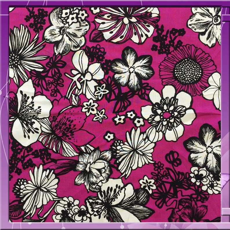 Rayon Challis Magenta Hawaiian Floral Flowers Design with 2 Borders Fabric Sold by the Yard Black White Soft Organic Flowy Rayon Tropical