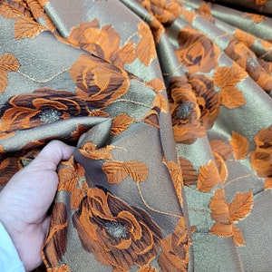 Orange Big Floral Flowers Prom Fashion Metallic Gold Brocade Fabric by the Yard Gown Quinceañera Bridal Evening Dress Decoration