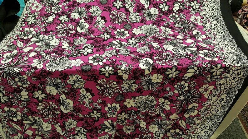 Rayon Challis Magenta Hawaiian Floral Flowers Design with 2 Borders Fabric Sold by the Yard Black White Soft Organic Flowy Rayon Tropical