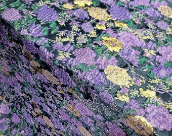 Gold Purple floral Black Brocade Fabric Sold By The Yard Clothing Dress Textured Metallic On Black Background For Dress Fashion Upholstery