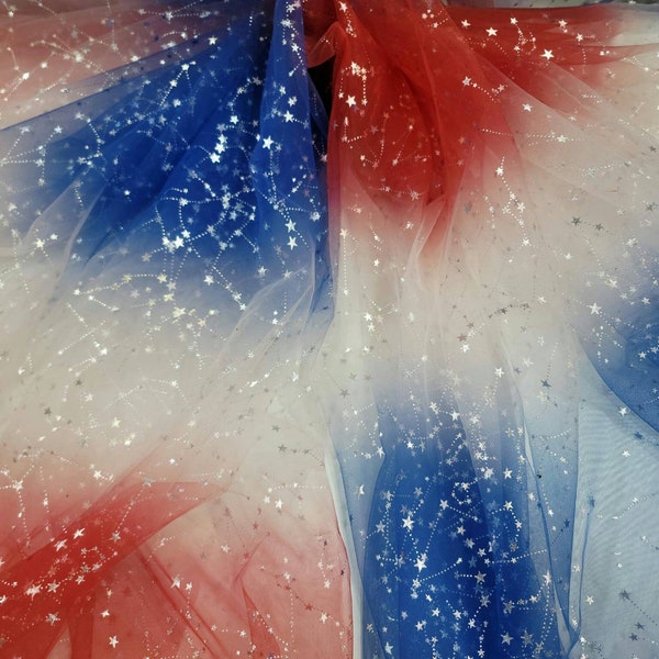 Inspired American Flag Fabric By The Yard Fashion Red White Blue Silver Stars Stretch Tulle For Dress Clothing Backdrop Party Dress Decorati