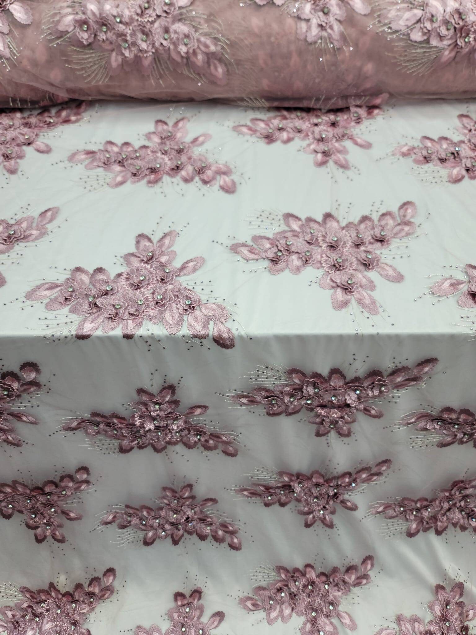 Dusty Rose Rhinestone Dusty Rose 3d Floral Beaded Lace Rhinestones on Mesh Fabric Sold by the ...