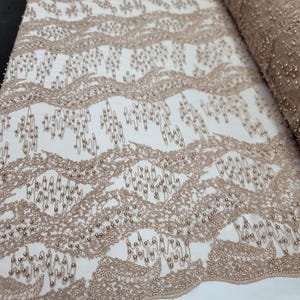 Champagne Beads Lace Embroidery Fabric By The Yard Prom Gown Quinceañera Bridal Evening Dress Wedding Dress Scallops