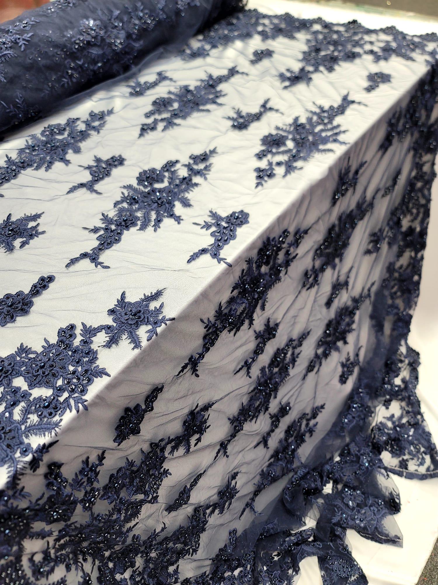 Navy Blue Embroidered 3d Lace 3d Floral Flowers Double Scalloped Prom ...