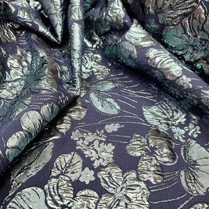 Navy Blue Brocade Metallic Embossed Aqua Blue Floral Flowers Prom Fabric Sold By The Yard Gown Quinceañera Bridal Evening Dress Textured