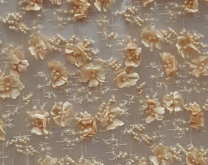 Royalty Fabrics Floral hand beaded design embroider on a mesh lace-prom-sold by the yard. White main image 0