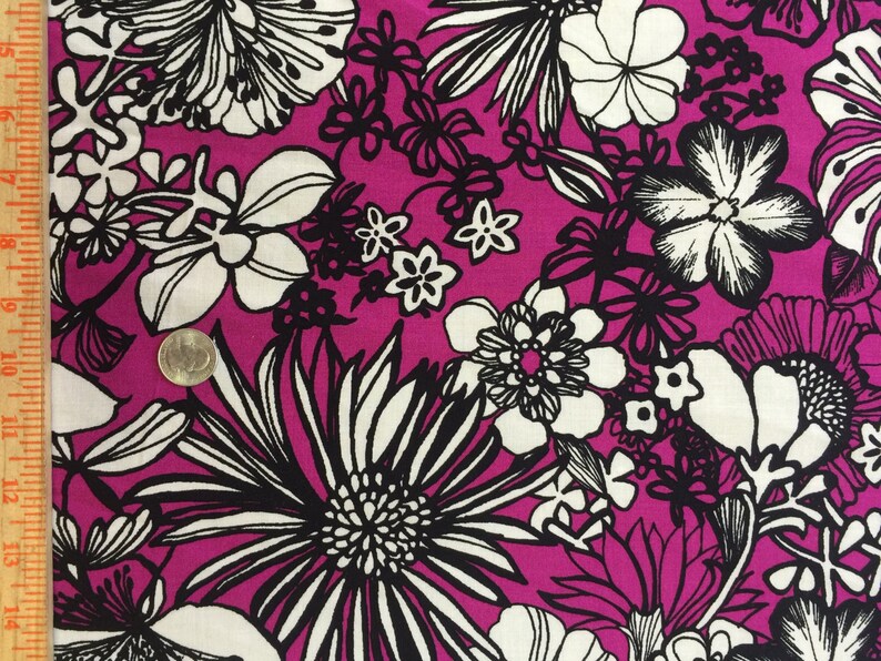 Rayon Challis Magenta Hawaiian Floral Flowers Design with 2 Borders Fabric Sold by the Yard Black White Soft Organic Flowy Rayon Tropical