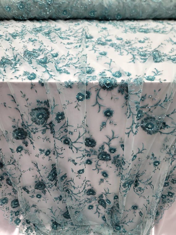 Aqua Mint Beaded Lace Floral Flowers Prom Fabric Sold by the Yard Double Scalloped Gown Quinceaera Bridal Evening Dress - Etsy Aqua Mint Beaded Lace Floral Flowers Prom Fabric Sold by the Yard Double Scalloped Gown Quinceaera Bridal Evening Dress - Etsy