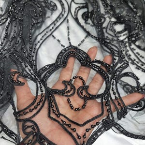 Black Floral Lace Beads Fabric By The Yard Prom Bridal Lace Embroidery Flowers Double Scalloped