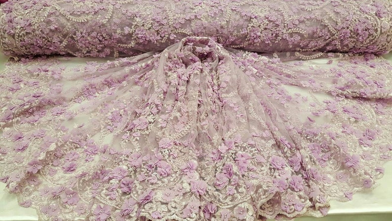 Lavander Hand beaded lace 3d floral flowers Prom fabric sold by the yard double scalloped Gown Quincea\u00f1era bridal Evening dress