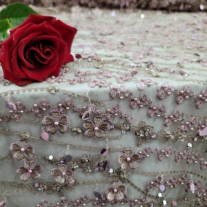 Mauve frisado renda 3d bordado flores florais pendurado lantejoulas taupe tecido de malha pelo quintal baile de formatura vestido de noite nupcial moda quinceañera