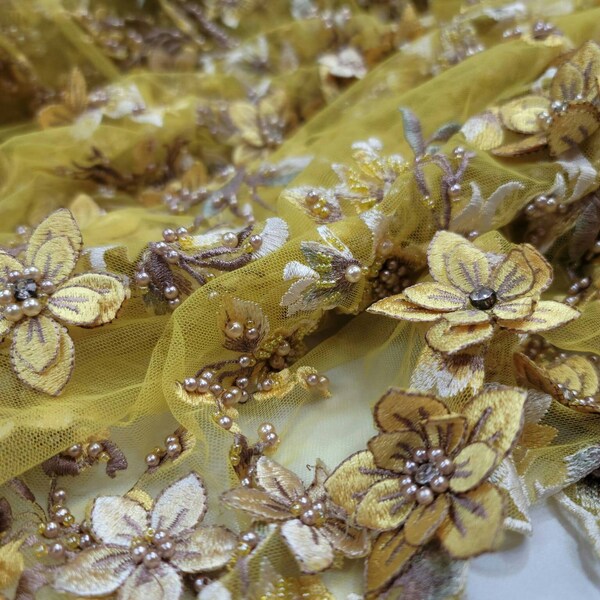 LIGHT BLUE 3D FLORAL DESIGN EMBROIDERY AND BEADED WITH RHINESTONES ON MESH LACE