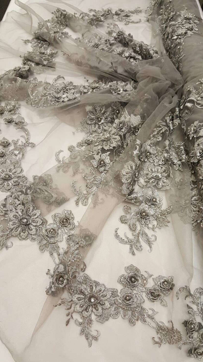 Silver lace 3d floral flowers embroidered on mesh rinesthone sequin pearl fabric sold by the yard wedding gown gorgeous prom dress Evening