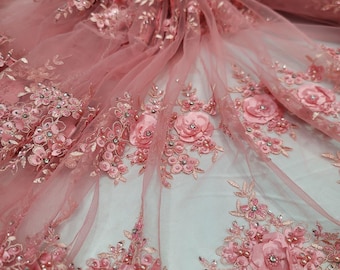 Coral Beaded Lace Coral Embroidery 3d Floral Rhinestones Quinceañera Dress Bridal Evening Gown Fashion 3d Lace Fabric By The Yard
