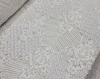 Off White Bridal Lace 3d Chiffon Floral Flowers Embroidery Lace Fabric Sold By The Yard Scalloped Wedding Dress Beaded Lace Baptism