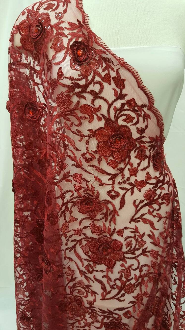 Burgundy lace 3d floral flowers embroidered rinesthone sequin | Etsy