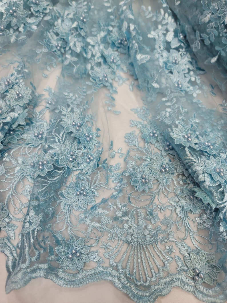 Sky Blue 3D Floral Lace Fabric With Pearls, Bridal Gown Material - Etsy