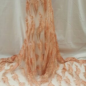 Peach Gold Hand Beaded Lace Floral Flowers Embroidered Stones Pearls on Mesh Prom Fabric Sold by the Yard Gown Prom Quinceañera Dress