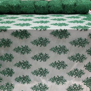 Emerald Green Lace Embroidered Sequins  On Mesh Fabric Sold by the Yard Gown Prom Quinceañera Dress Floral Scallops On Both Sides