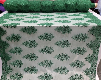 Emerald Green Lace Embroidered Sequins  On Mesh Fabric Sold by the Yard Gown Prom Quinceañera Dress Floral Scallops On Both Sides
