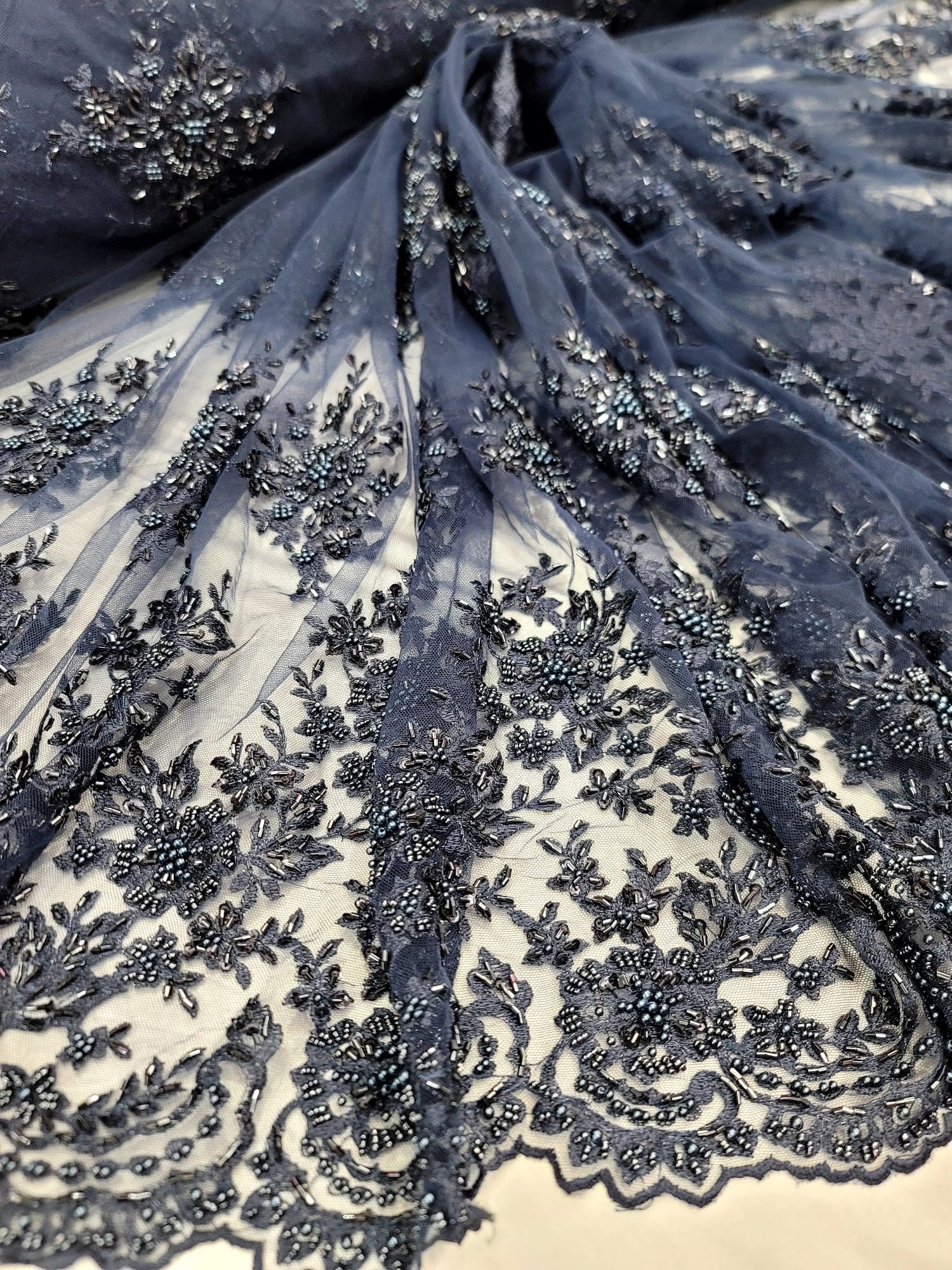 Navy Blue Beaded Lace Embroidery Floral Flowers Fabric by the Yard ...