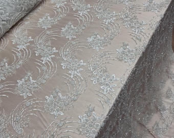Off White Wedding  Beaded Lace Fabric Sold By The Yard Embroidery Sequins Fabric Stretch For Dress Bridal Baptism