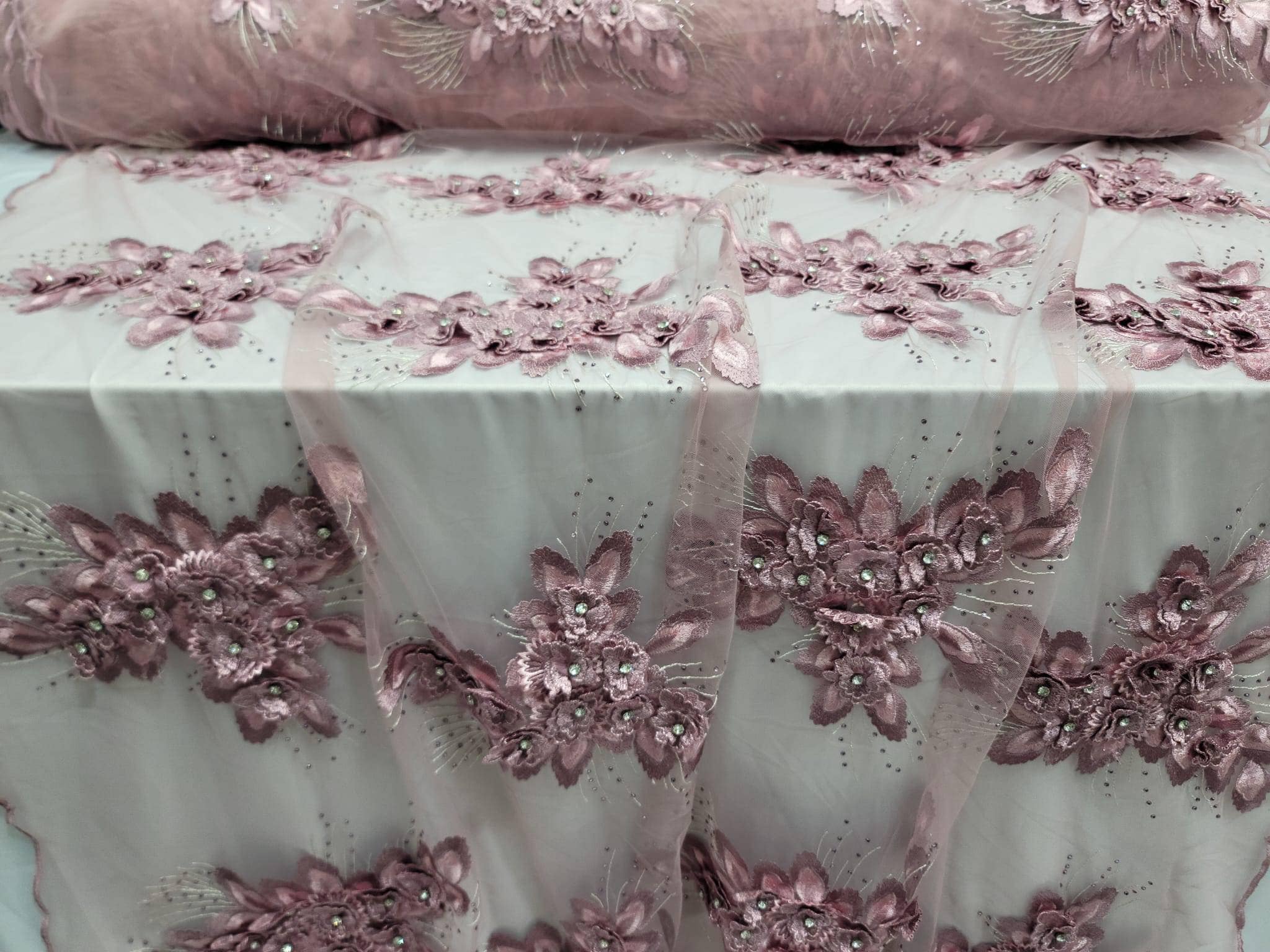 Dusty Rose Rhinestone Dusty Rose 3d Floral Beaded Lace Rhinestones on Mesh Fabric Sold by the ...